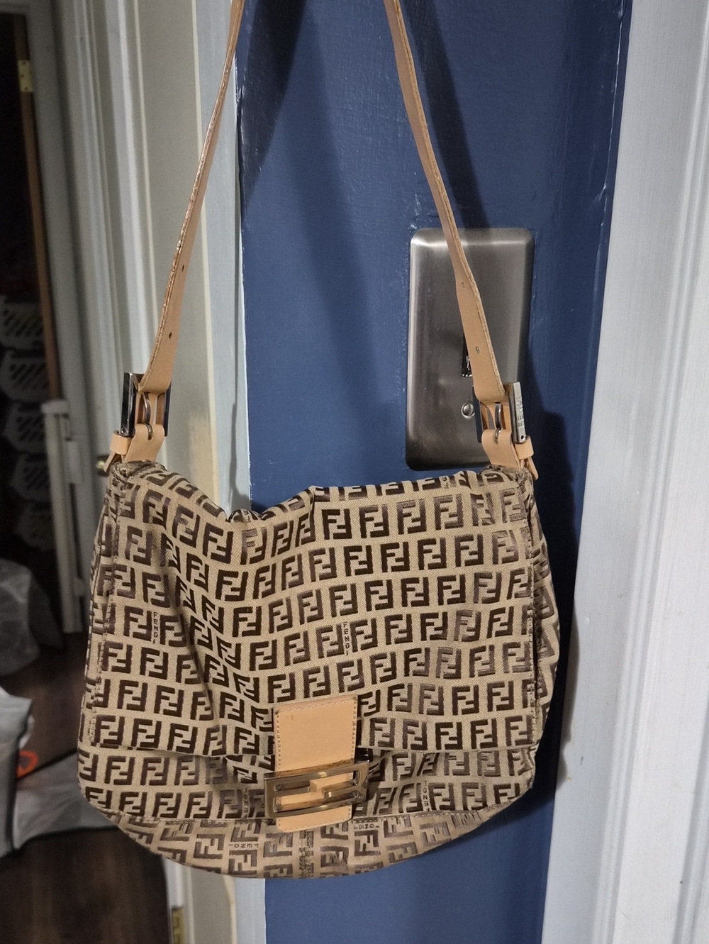 Fendi Beige Logo-Print Shoulder Bag with Tan Trim